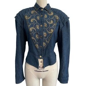 Vintage Denim Batwing Gold Embroidered Western Jacket Medium
